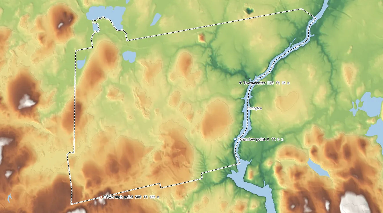 Topographic elevation map of Hampden, Maine, shaded from 0 ft on the south side to 500 ft on the southwest side
