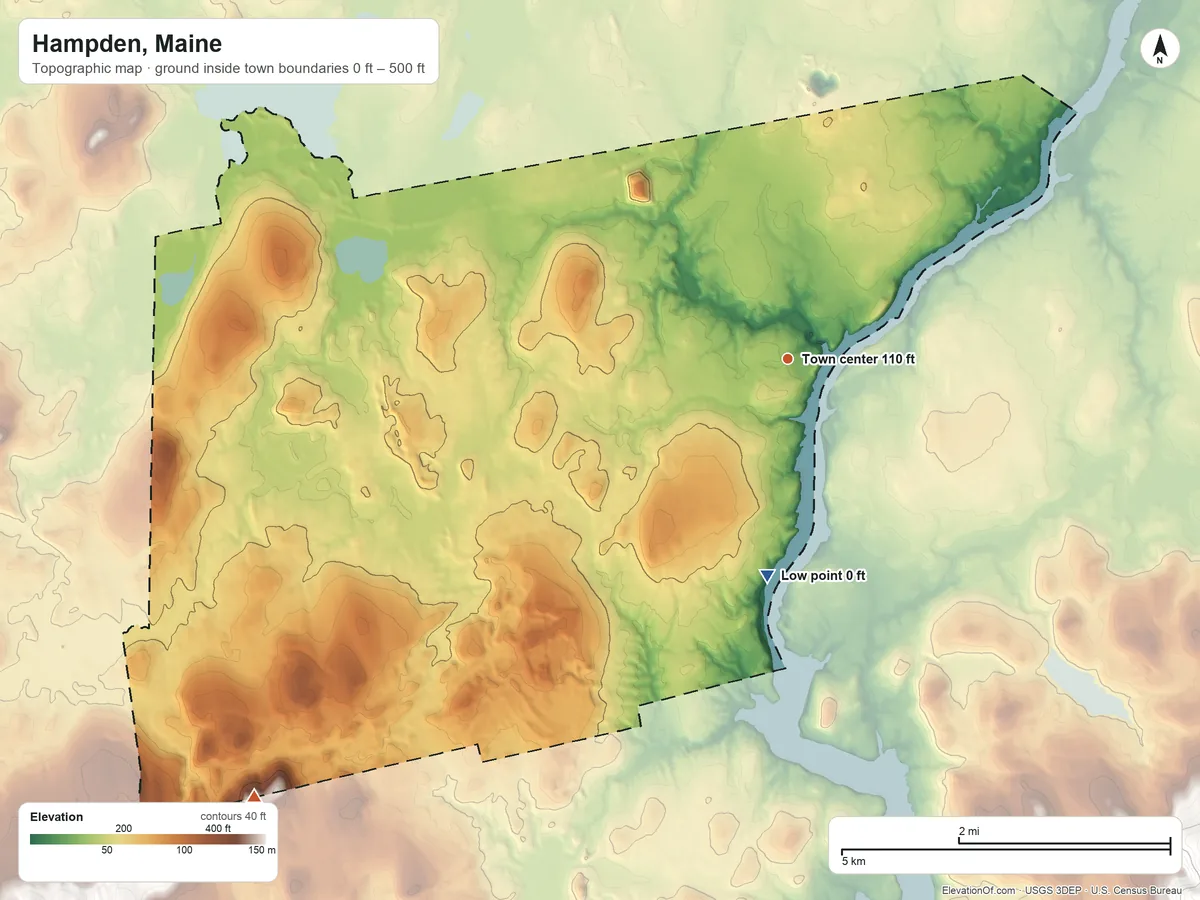 Topographic elevation map of Hampden, Maine, shaded from 0 ft on the south side to 500 ft on the southwest side