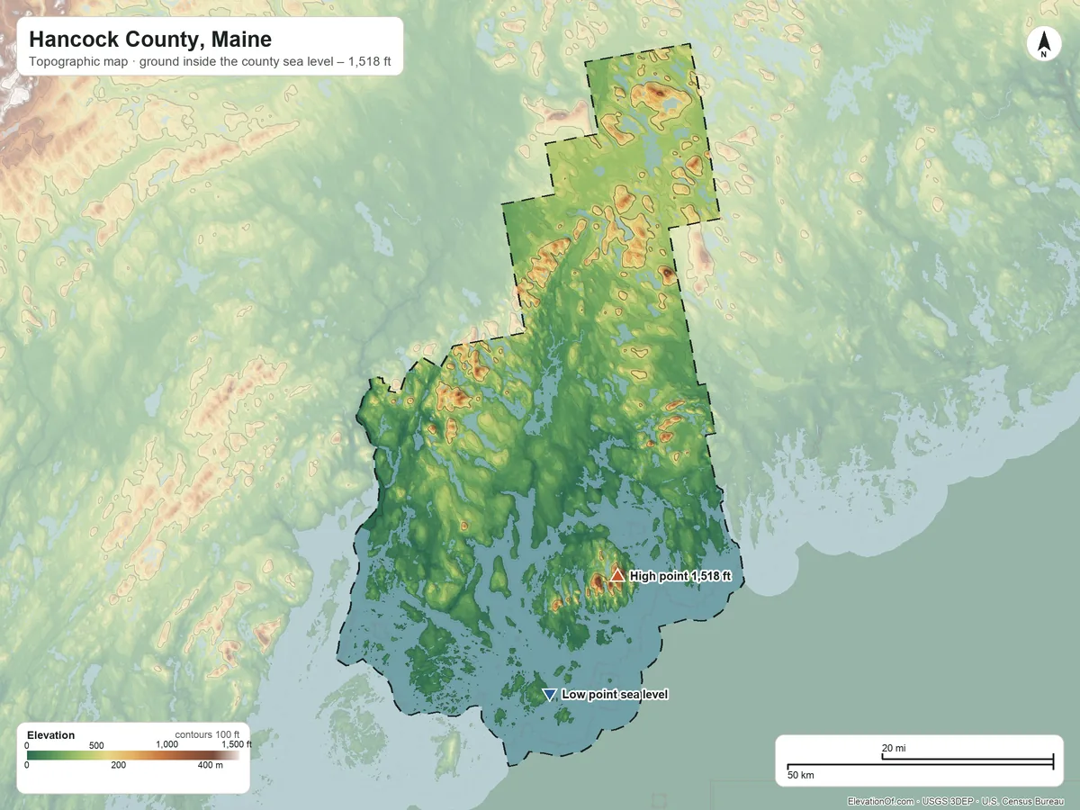 Topographic elevation map of Hancock County, Maine, shaded from sea level on the Otter Ponds to 1,518 ft on Cadillac Mountain