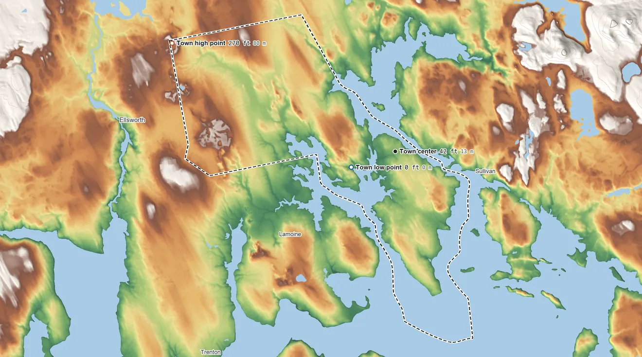 Topographic elevation map of Hancock, Maine, shaded from sea level level on Youngs Bay to 270 ft on the northwest side