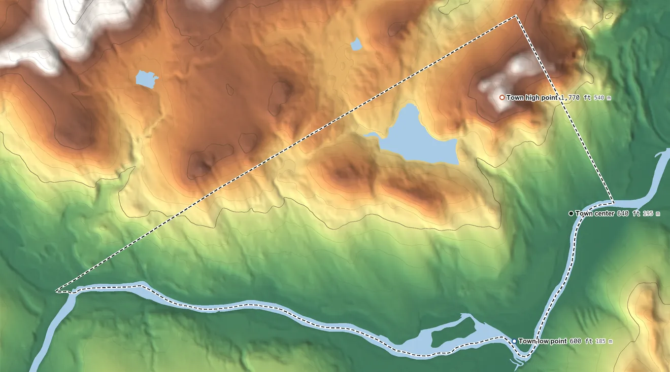 Topographic elevation map of Hanover, Maine, shaded from 600 ft on the southwest side to 1,770 ft on the northwest side