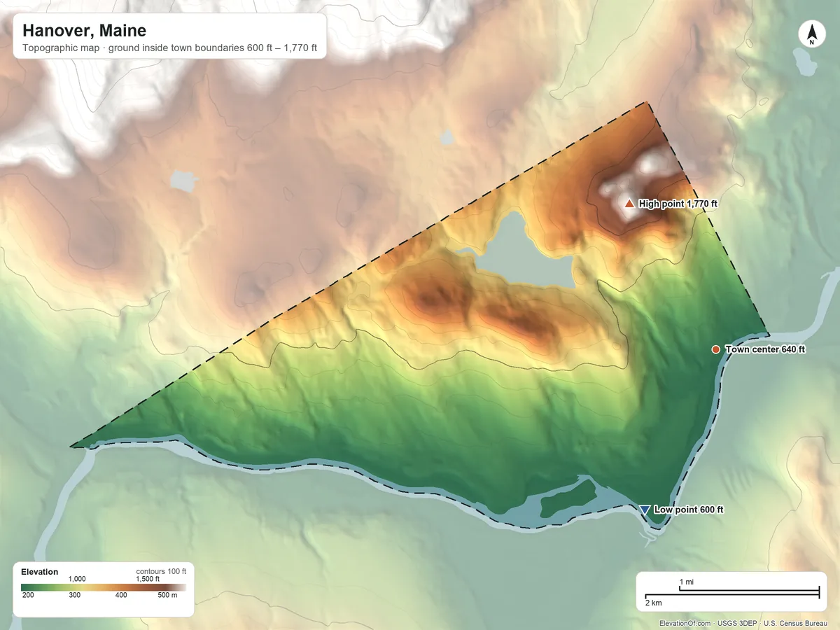 Topographic elevation map of Hanover, Maine, shaded from 600 ft on the southwest side to 1,770 ft on the northwest side