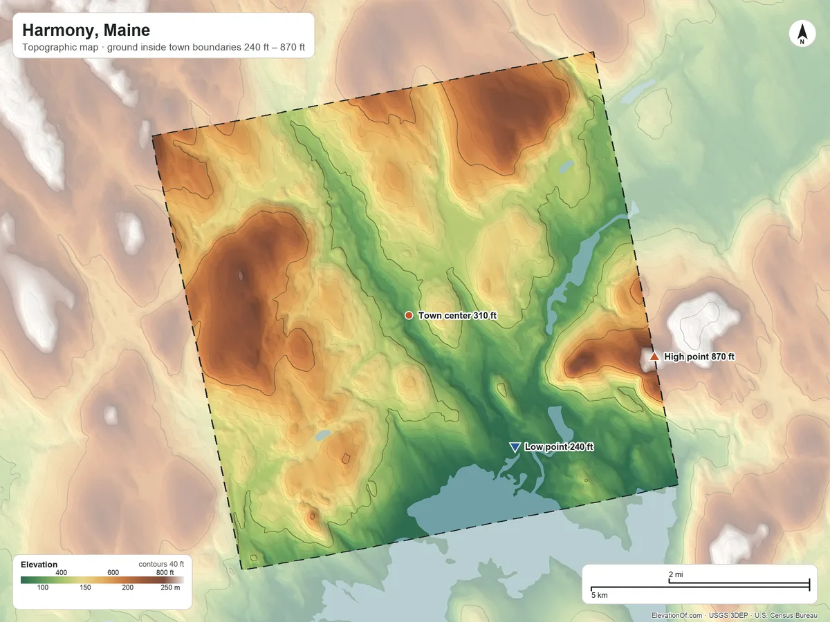 Topographic elevation map of Harmony, Maine, shaded from 240 ft on the southeast side to 870 ft on the east side