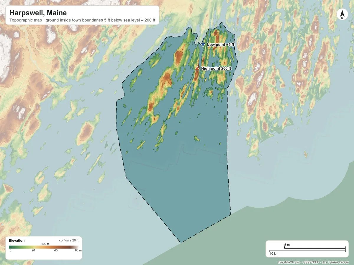 Topographic elevation map of Harpswell, Maine, shaded from −5 ft on the northeast side to 200 ft on Long Reach Mountain