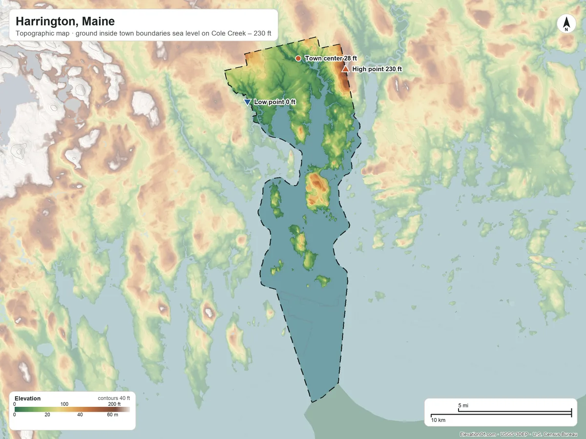 Topographic elevation map of Harrington, Maine, shaded from sea level level on Cole Creek to 230 ft on the east side