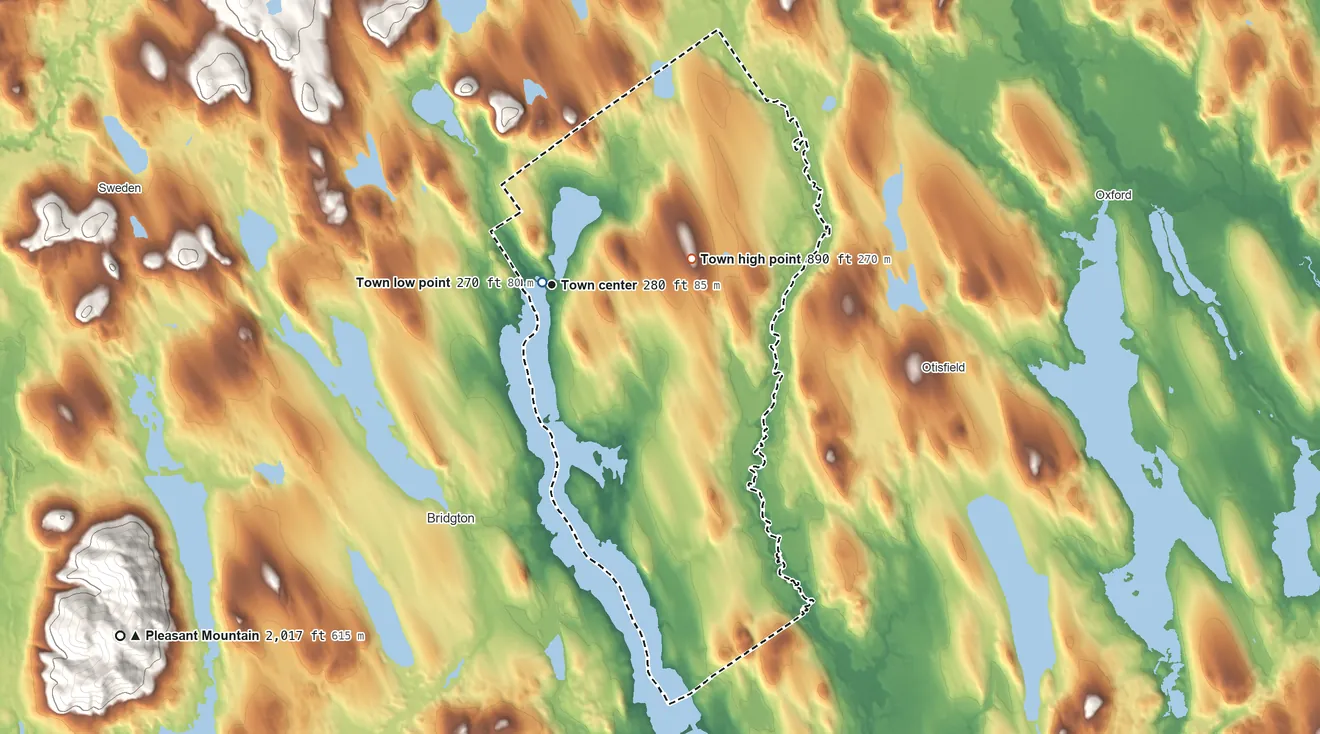 Topographic elevation map of Harrison, Maine, shaded from 270 ft near the middle to 890 ft on Summit Hill
