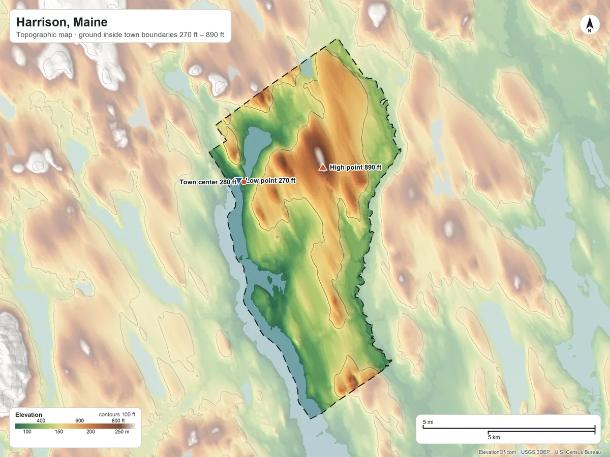 Topographic elevation map of Harrison, Maine, shaded from 270 ft near the middle to 890 ft on Summit Hill