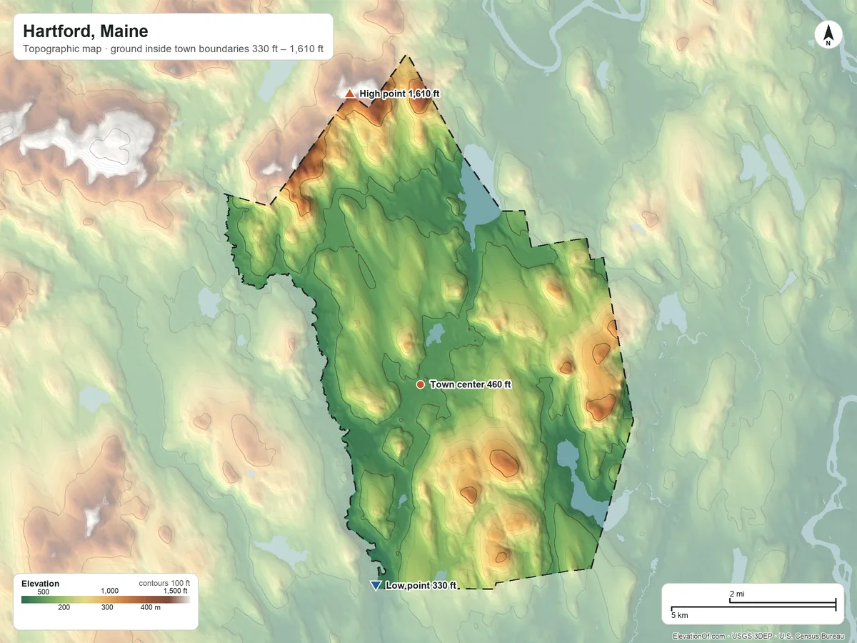 Topographic elevation map of Hartford, Maine, shaded from 330 ft on the south side to 1,610 ft on the north side