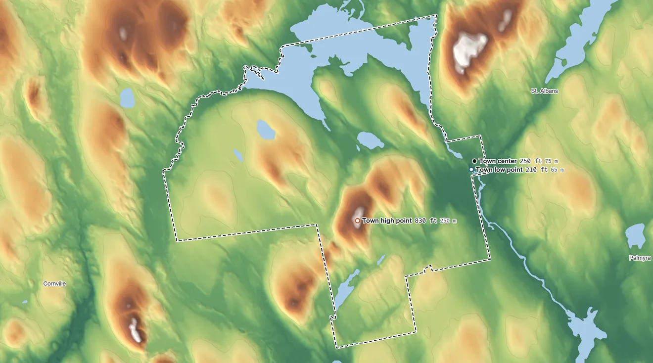 Topographic elevation map of Hartland, Maine, shaded from 210 ft near the middle to 830 ft on Goodwin Hill