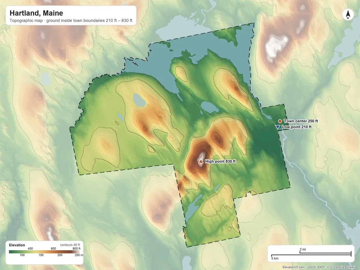 Topographic elevation map of Hartland, Maine, shaded from 210 ft near the middle to 830 ft on Goodwin Hill