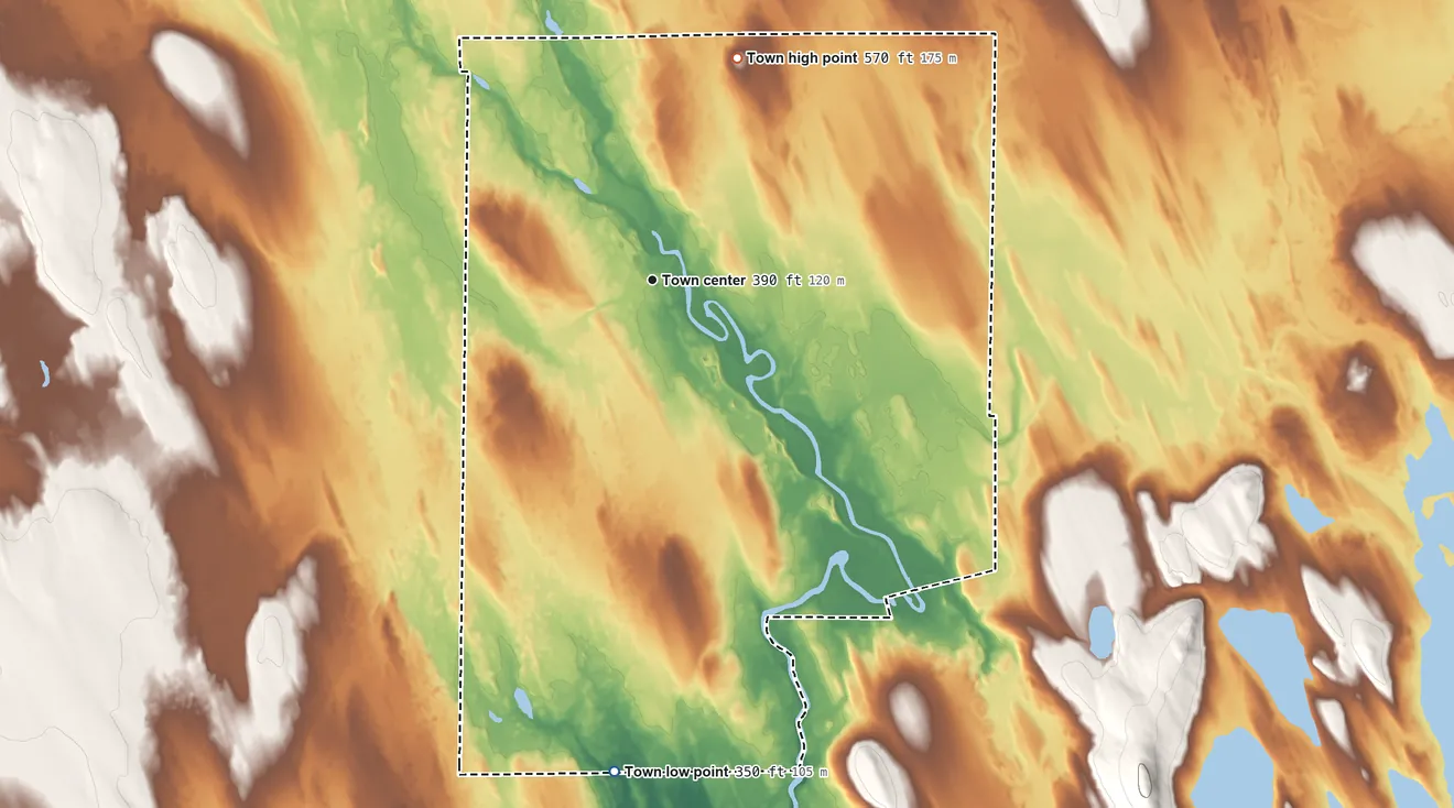 Topographic elevation map of Haynesville, Maine, shaded from 350 ft on the south side to 570 ft on Mitchel Mountain