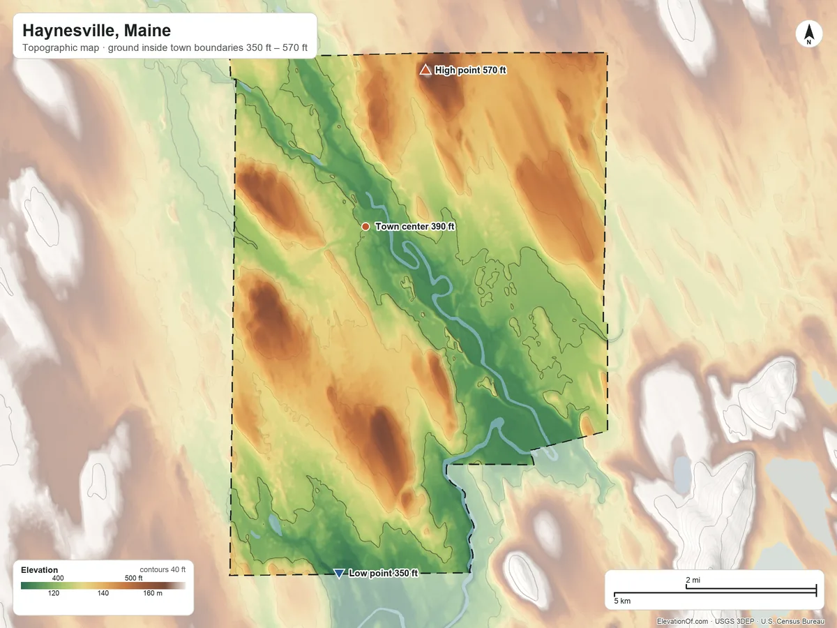 Topographic elevation map of Haynesville, Maine, shaded from 350 ft on the south side to 570 ft on Mitchel Mountain