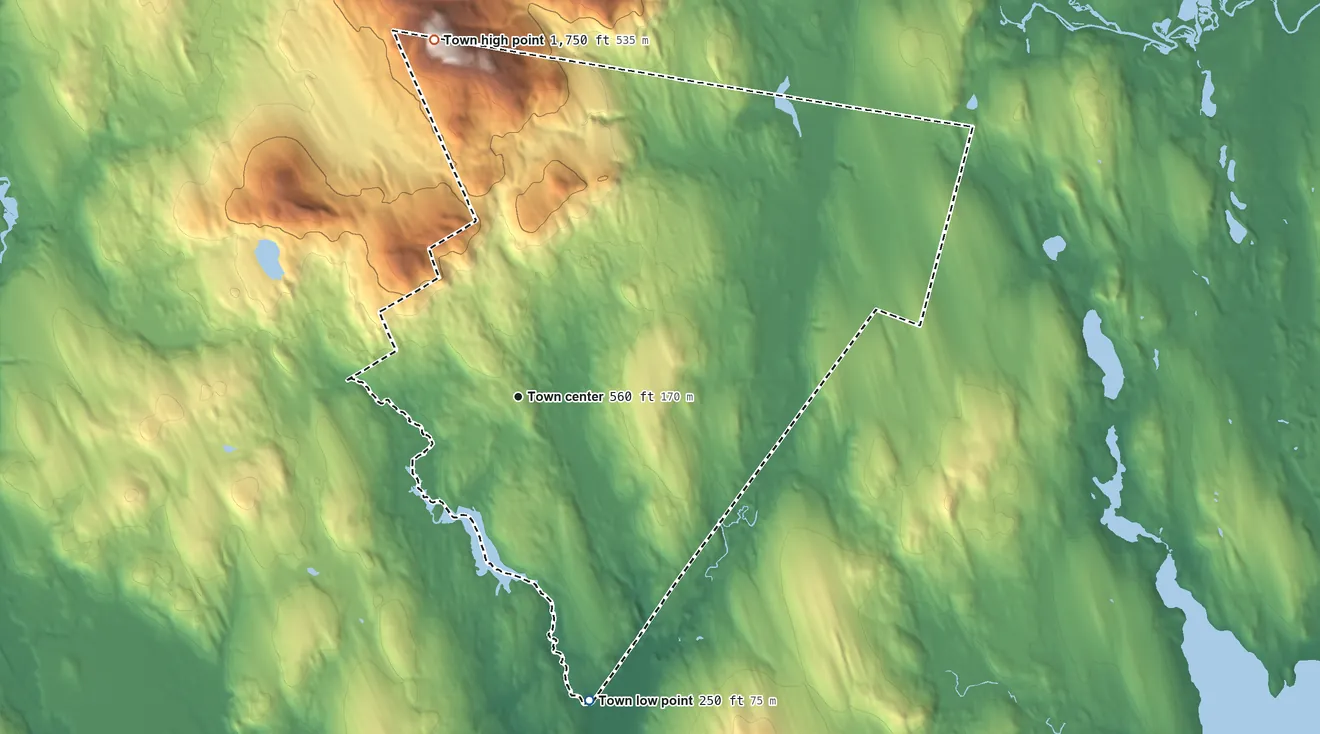 Topographic elevation map of Hebron, Maine, shaded from 250 ft on the south side to 1,750 ft on Streaked Mountain