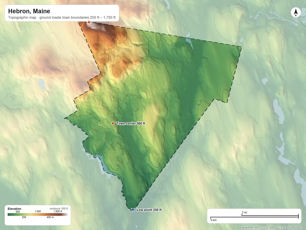 Topographic elevation map of Hebron, Maine, shaded from 250 ft on the south side to 1,750 ft on Streaked Mountain