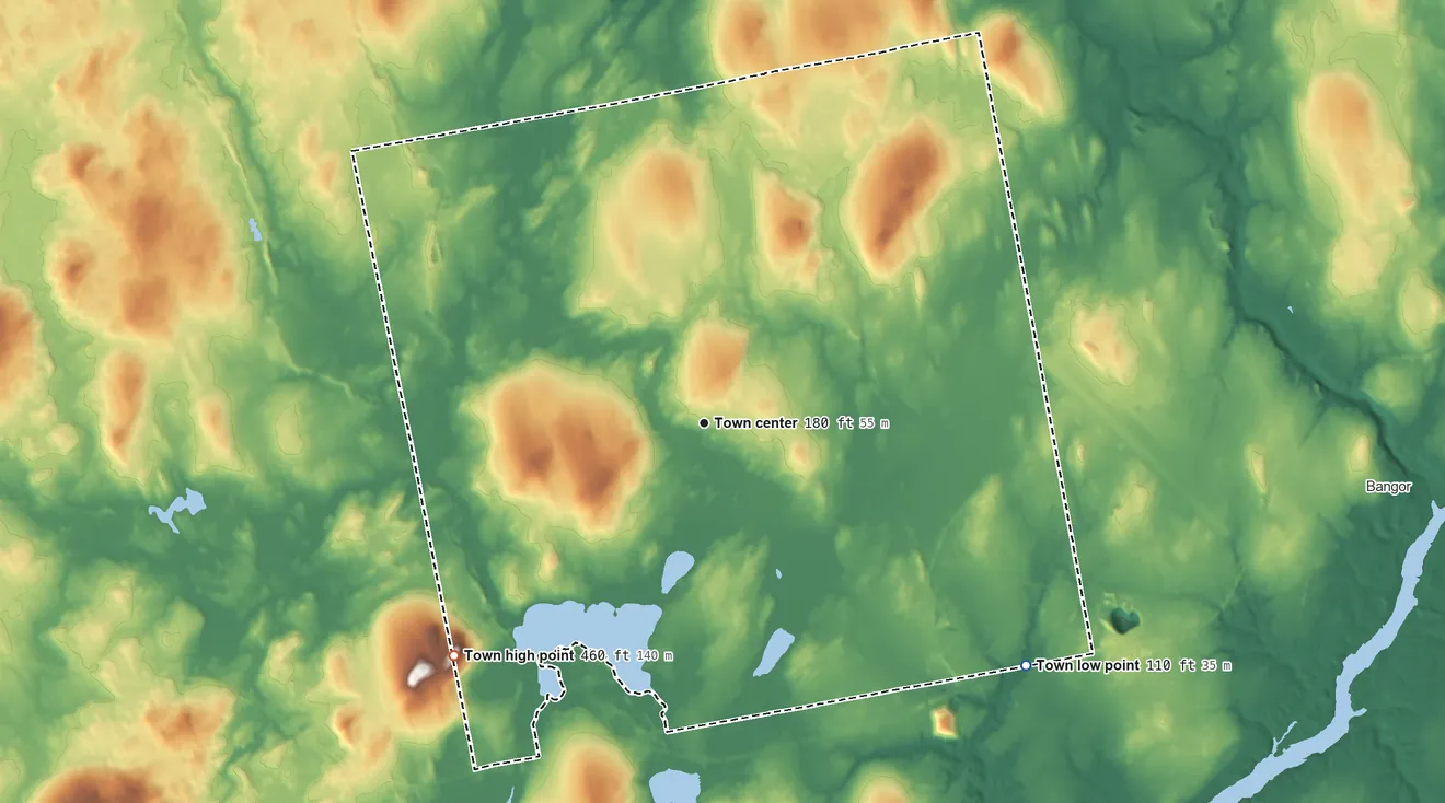 Topographic elevation map of Hermon, Maine, shaded from 110 ft on the southeast side to 460 ft on the southwest side