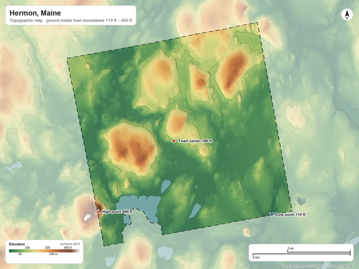 Topographic elevation map of Hermon, Maine, shaded from 110 ft on the southeast side to 460 ft on the southwest side