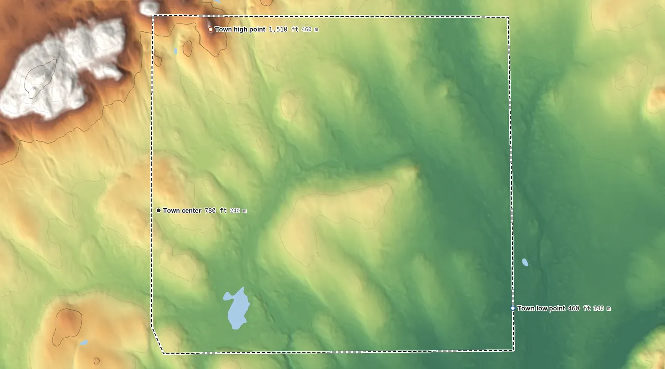 Topographic elevation map of Hersey, Maine, shaded from 460 ft on the east side to 1,510 ft on Bear Mountain