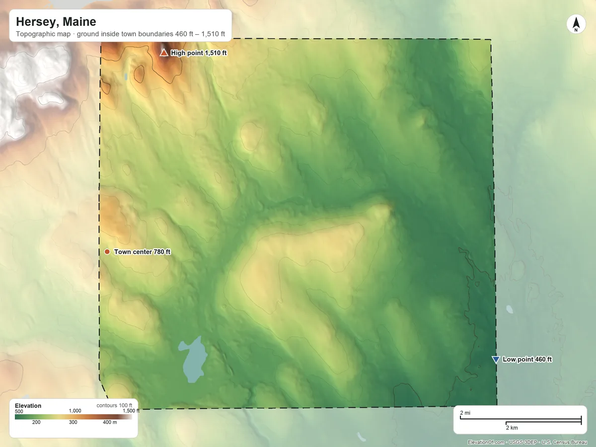 Topographic elevation map of Hersey, Maine, shaded from 460 ft on the east side to 1,510 ft on Bear Mountain