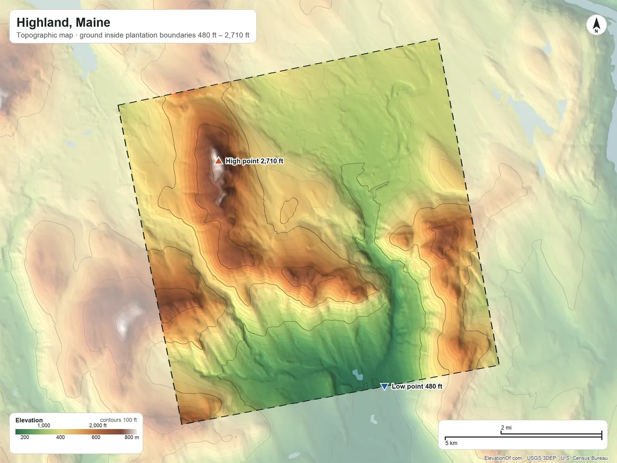 Topographic elevation map of Highland, Maine, shaded from 480 ft on the east side to 2,710 ft on Stewart Mountain