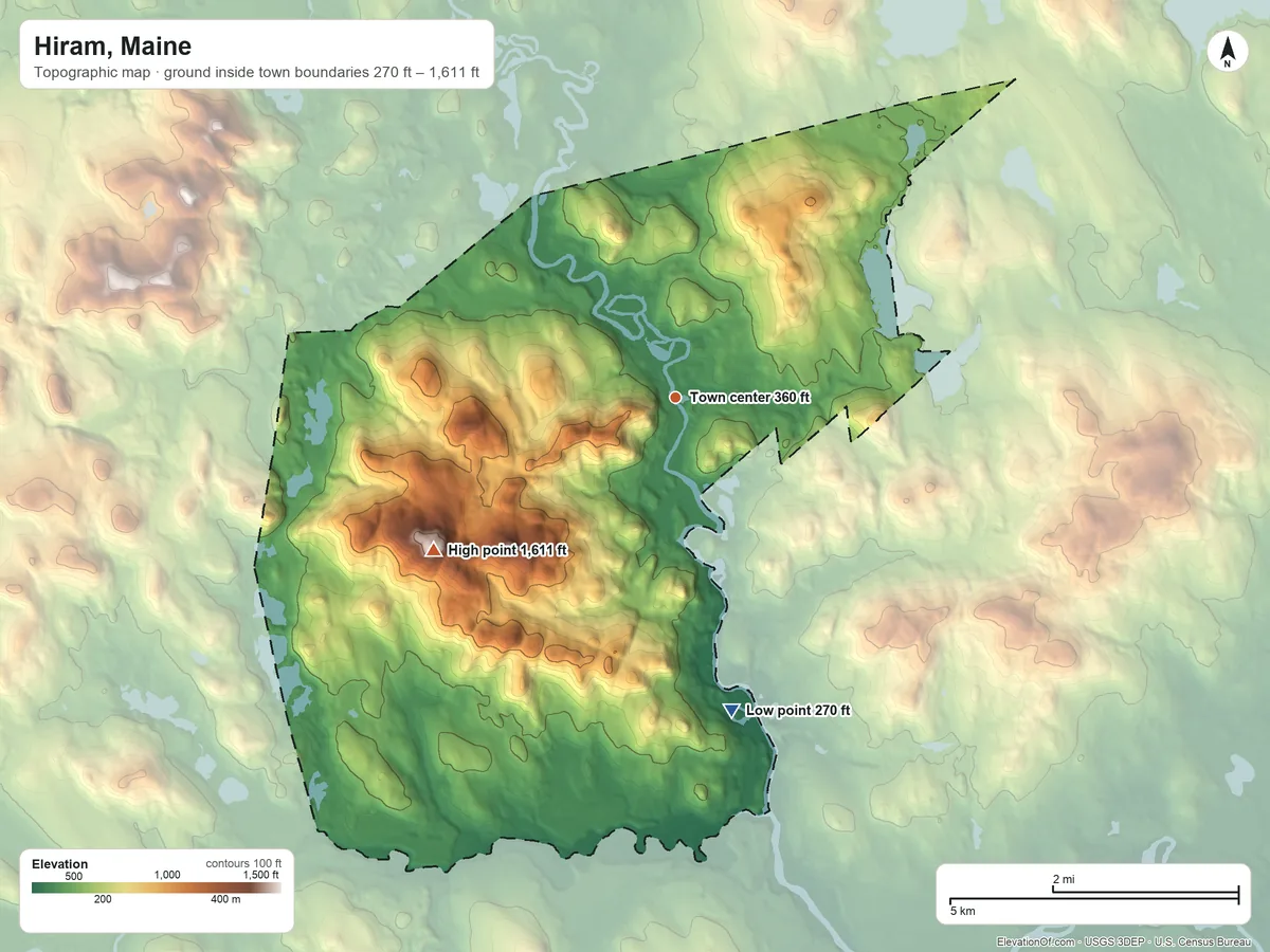 Topographic elevation map of Hiram, Maine, shaded from 270 ft on the south side to 1,611 ft on Bill Merrill Mountain