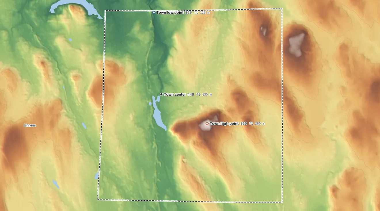 Topographic elevation map of Hodgdon, Maine, shaded from 370 ft on the north side to 860 ft on Westford Hill