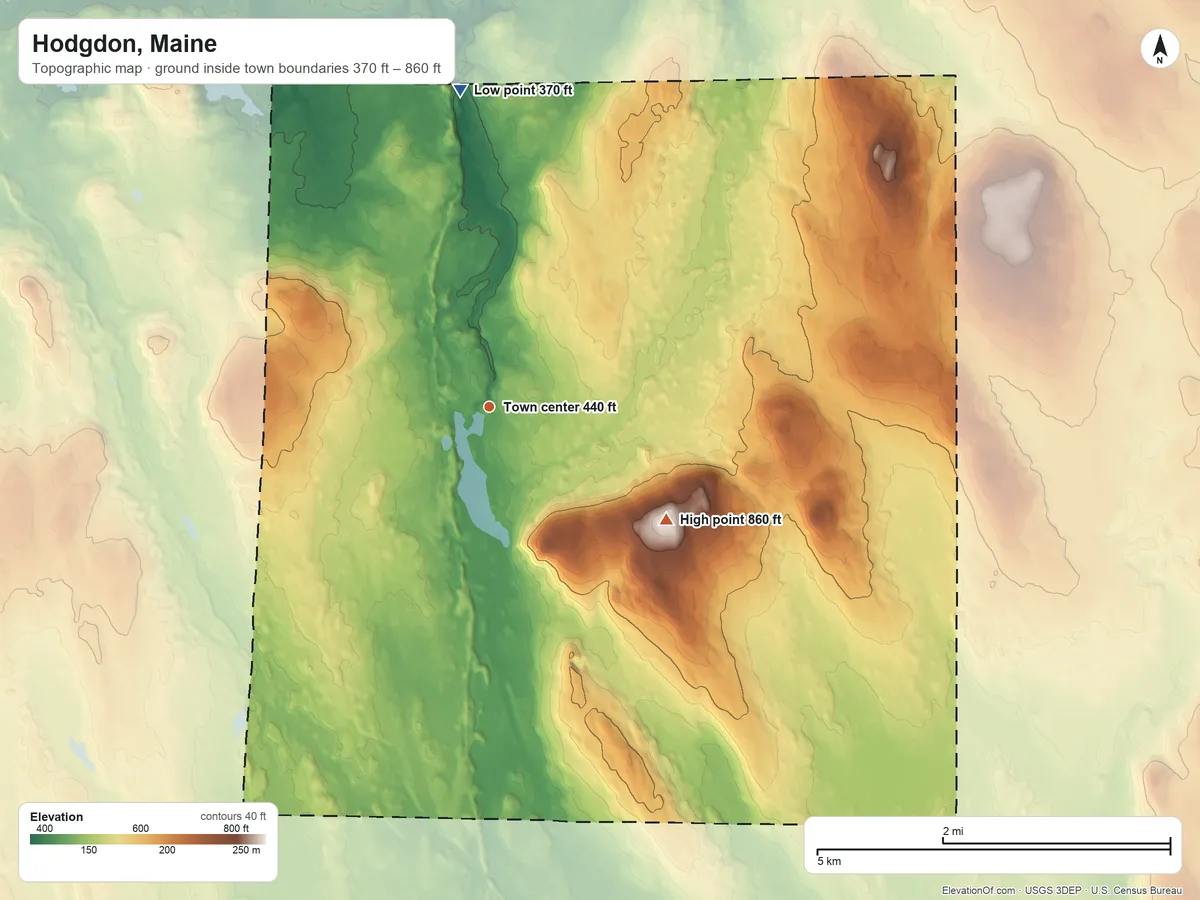 Topographic elevation map of Hodgdon, Maine, shaded from 370 ft on the north side to 860 ft on Westford Hill