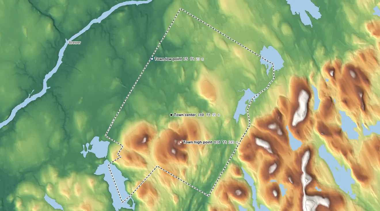 Topographic elevation map of Holden, Maine, shaded from 75 ft on the north side to 810 ft on the south side