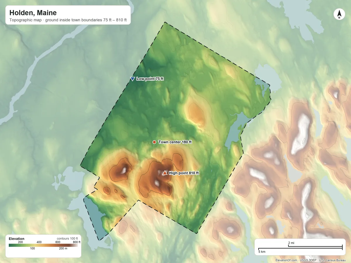 Topographic elevation map of Holden, Maine, shaded from 75 ft on the north side to 810 ft on the south side