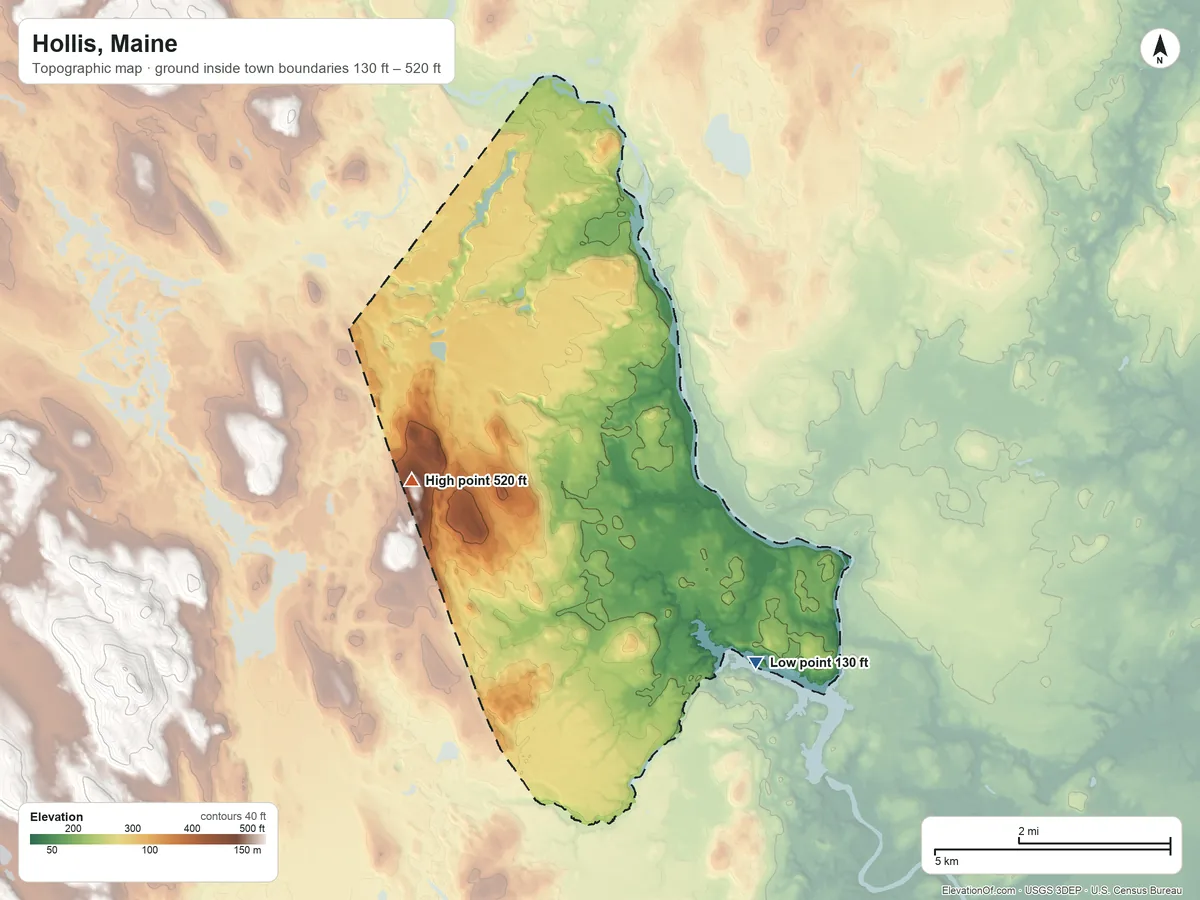 Topographic elevation map of Hollis, Maine, shaded from 130 ft on the southeast side to 520 ft on the west side