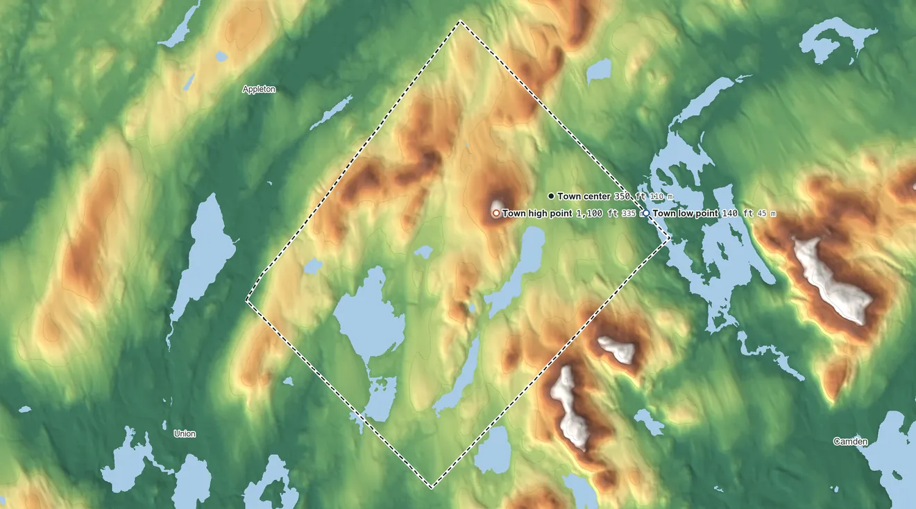 Topographic elevation map of Hope, Maine, shaded from 140 ft on the east side to 1,100 ft on Hatchet Mountain