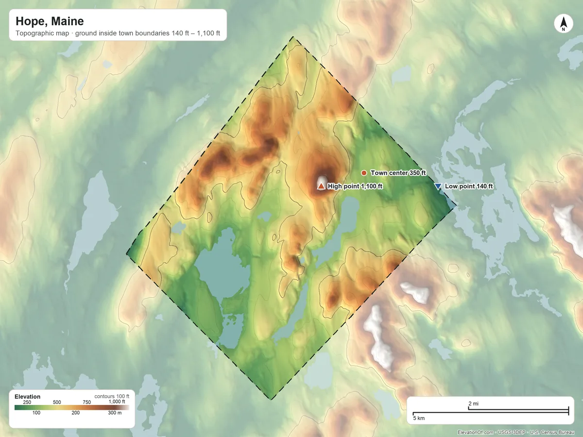 Topographic elevation map of Hope, Maine, shaded from 140 ft on the east side to 1,100 ft on Hatchet Mountain