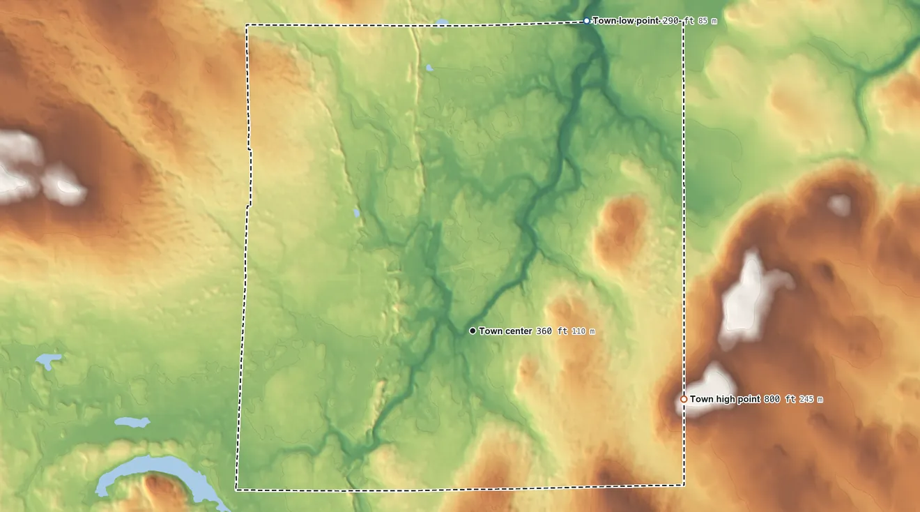 Topographic elevation map of Houlton, Maine, shaded from 290 ft on the north side to 800 ft on the east side