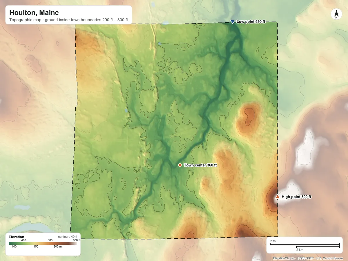 Topographic elevation map of Houlton, Maine, shaded from 290 ft on the north side to 800 ft on the east side