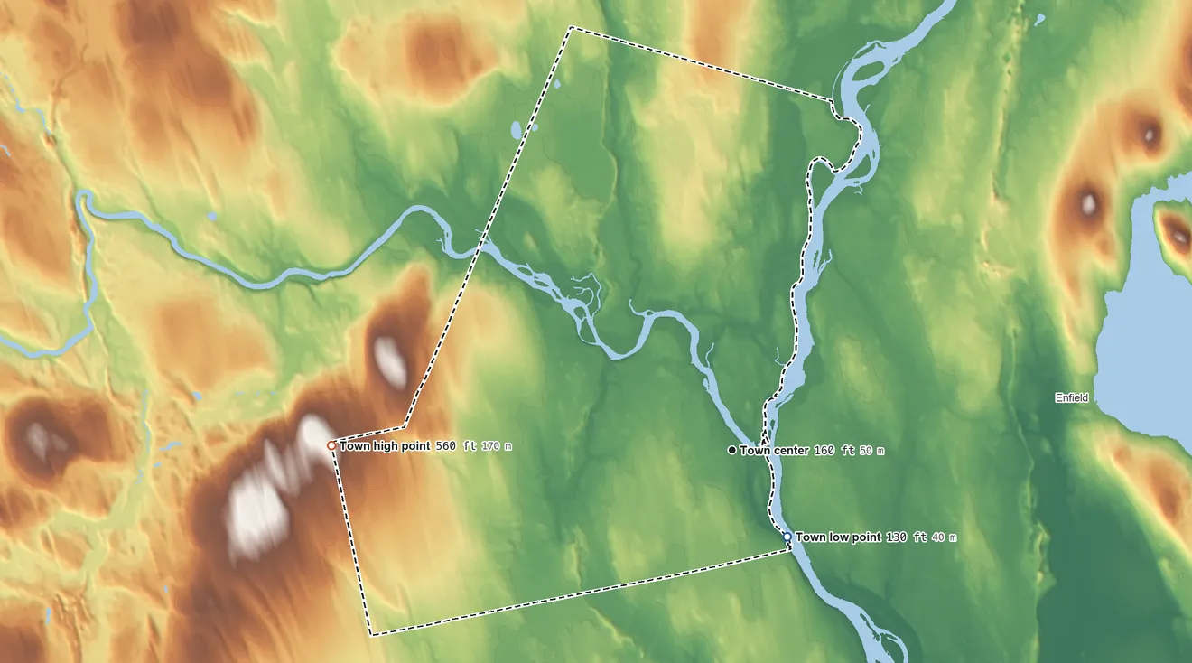 Topographic elevation map of Howland, Maine, shaded from 130 ft on the southeast side to 560 ft on the west side