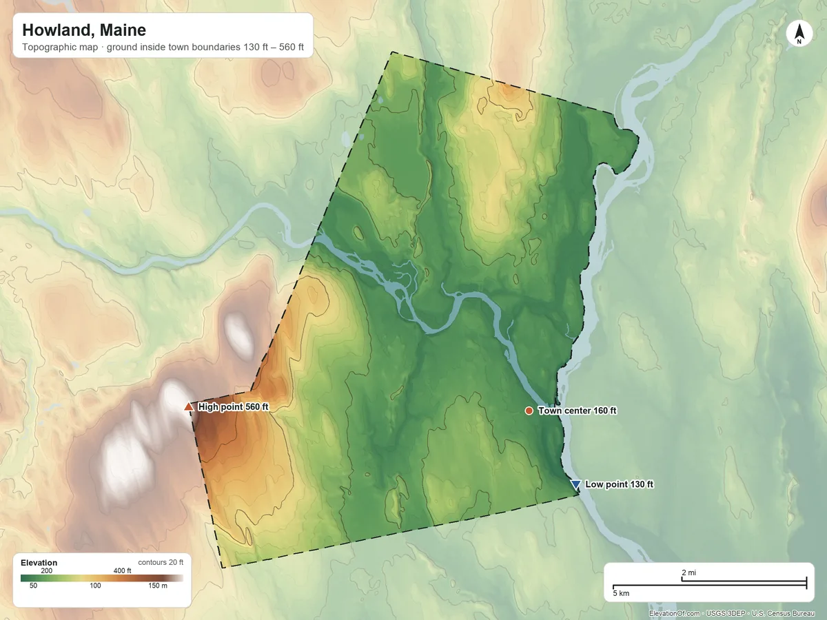 Topographic elevation map of Howland, Maine, shaded from 130 ft on the southeast side to 560 ft on the west side