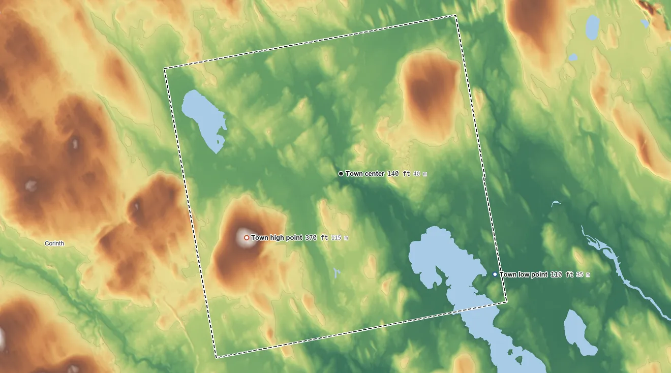Topographic elevation map of Hudson, Maine, shaded from 110 ft on the southeast side to 370 ft on Hudson Hill