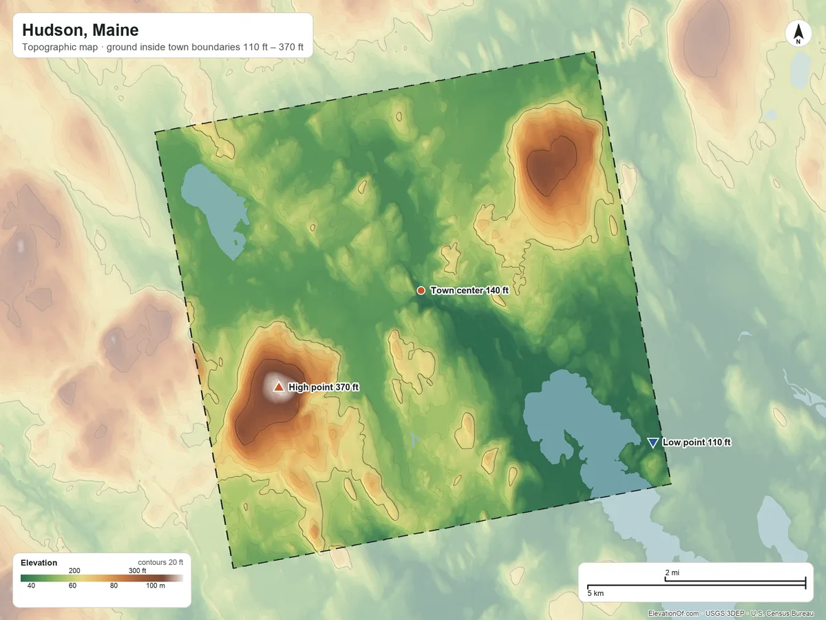 Topographic elevation map of Hudson, Maine, shaded from 110 ft on the southeast side to 370 ft on Hudson Hill