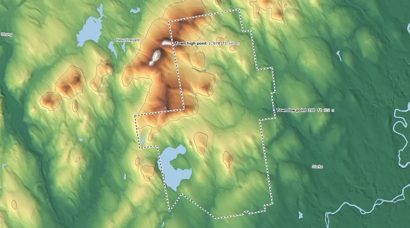 Topographic elevation map of Industry, Maine, shaded from 390 ft on the east side to 1,970 ft on the northwest side