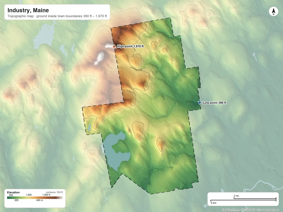 Topographic elevation map of Industry, Maine, shaded from 390 ft on the east side to 1,970 ft on the northwest side