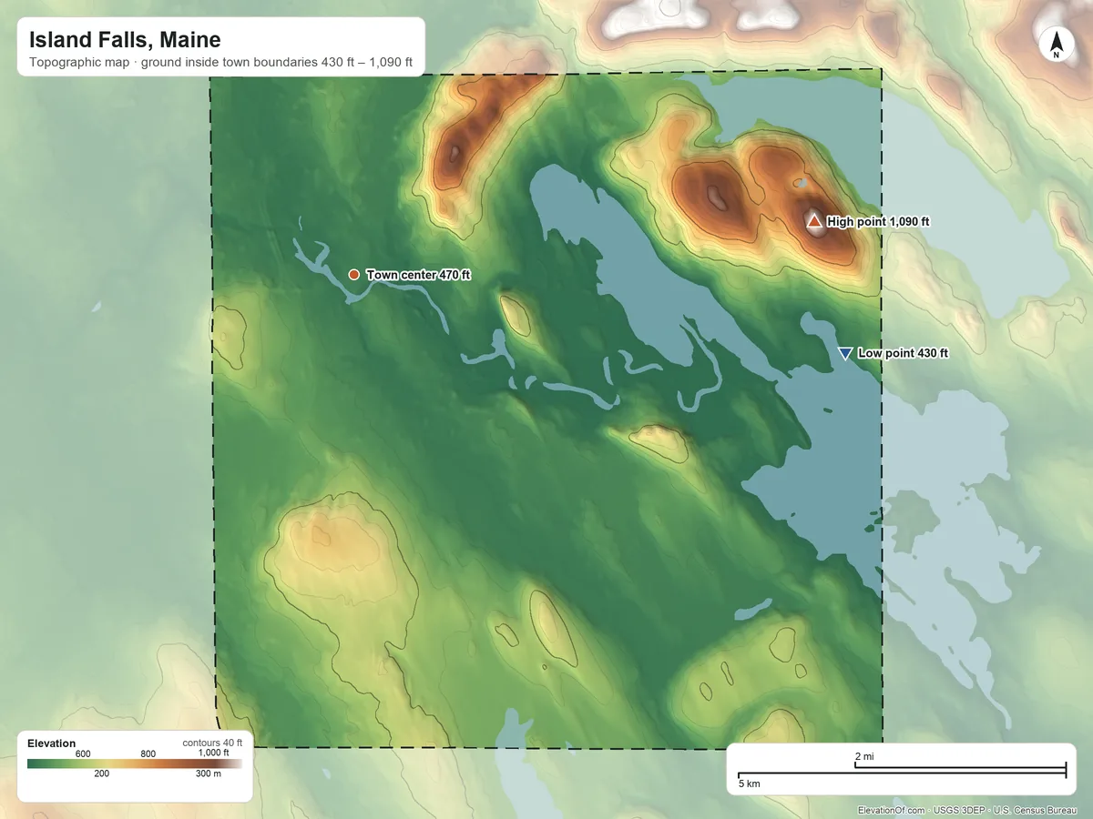 Topographic elevation map of Island Falls, Maine, shaded from 430 ft on the east side to 1,090 ft on the east side