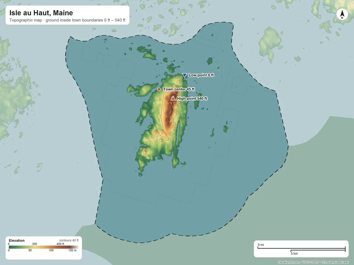 Topographic elevation map of Isle au Haut, Maine, shaded from 0 ft near the middle to 540 ft on Mount Chaplain