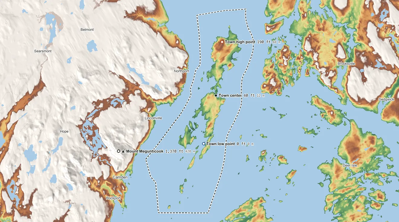 Topographic elevation map of Islesboro, Maine, shaded from sea level level on Penobscot Bay to 190 ft on Kedears Hill