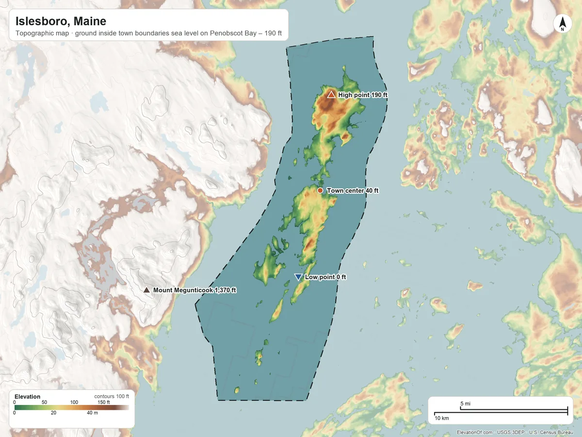Topographic elevation map of Islesboro, Maine, shaded from sea level level on Penobscot Bay to 190 ft on Kedears Hill