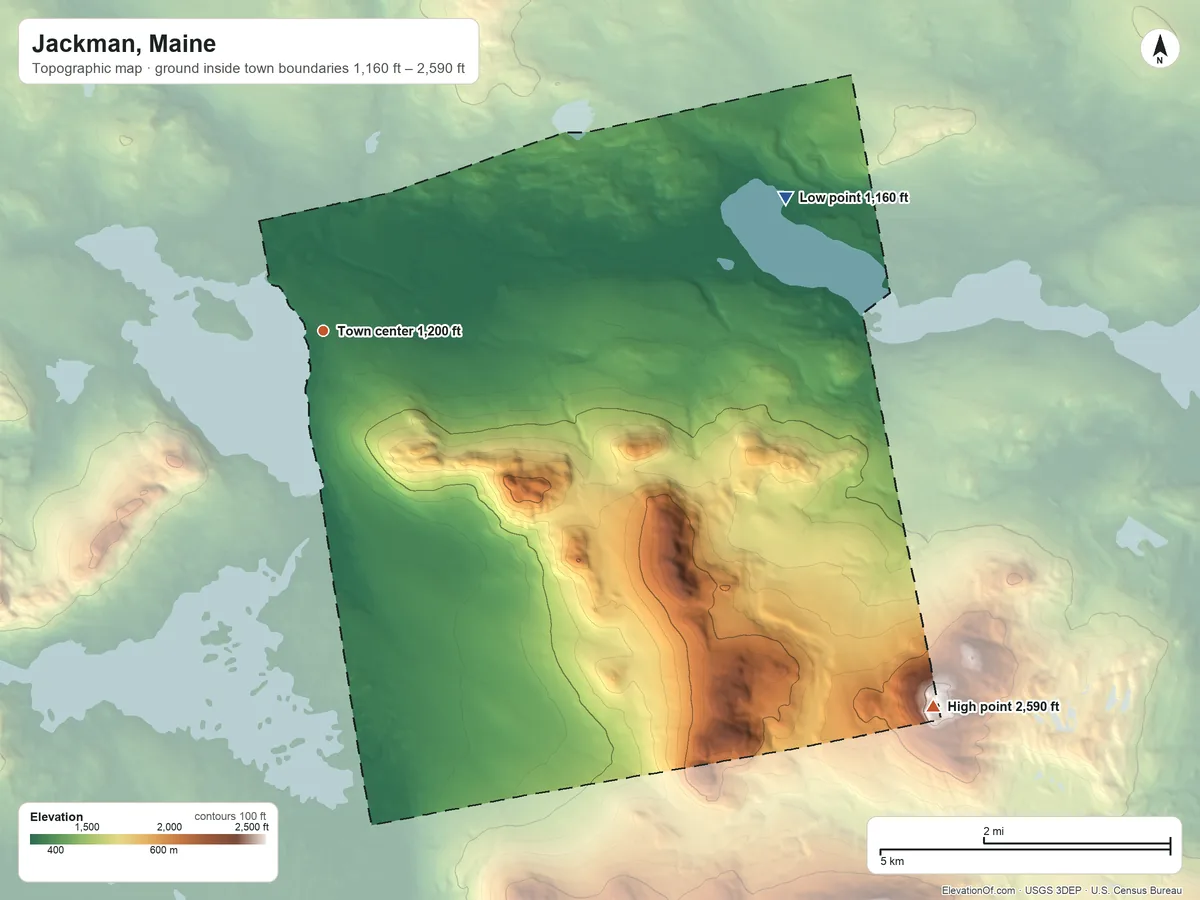 Topographic elevation map of Jackman, Maine, shaded from 1,160 ft on the east side to 2,590 ft on the southeast side