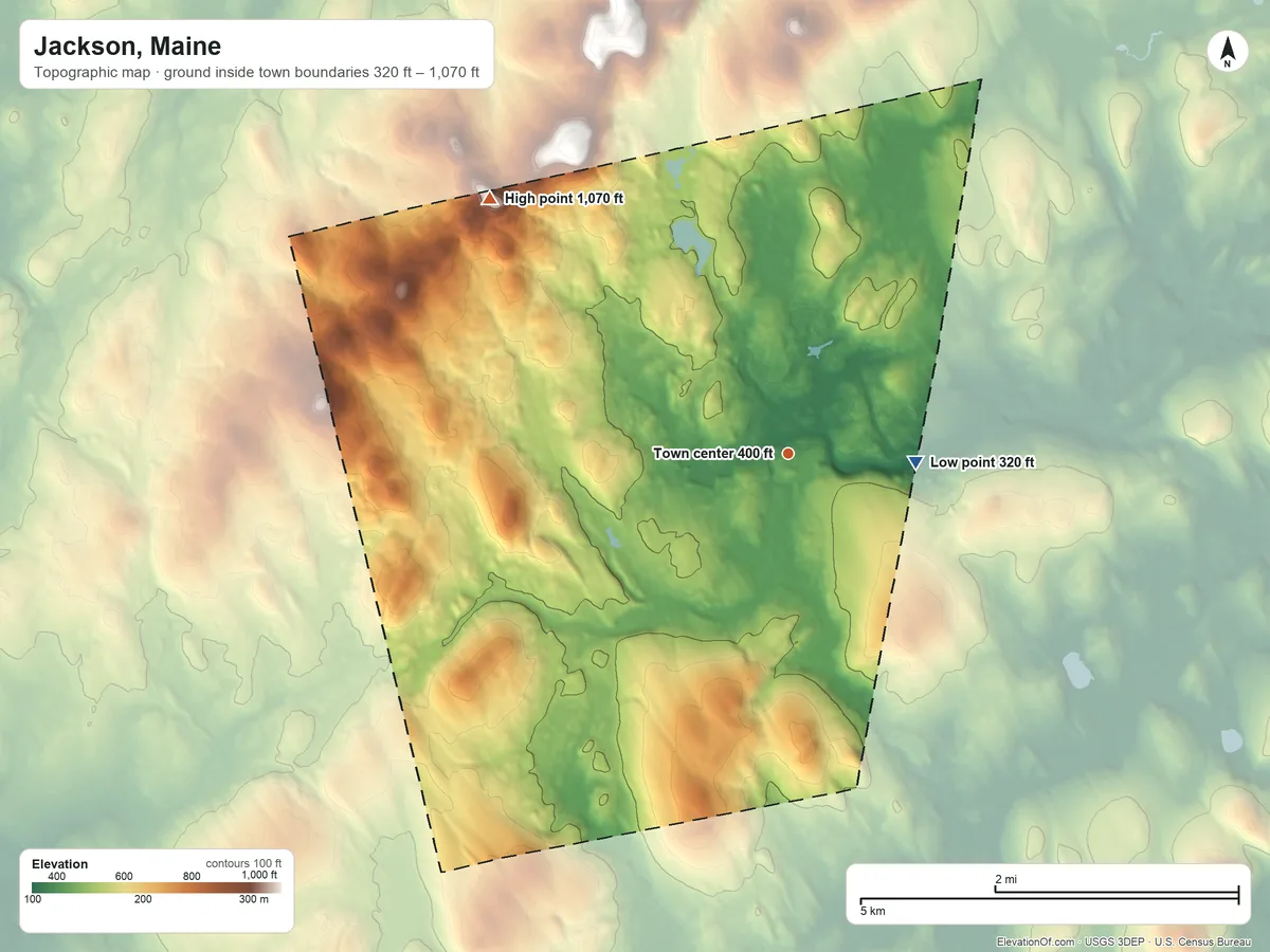 Topographic elevation map of Jackson, Maine, shaded from 320 ft on the east side to 1,070 ft on the northwest side
