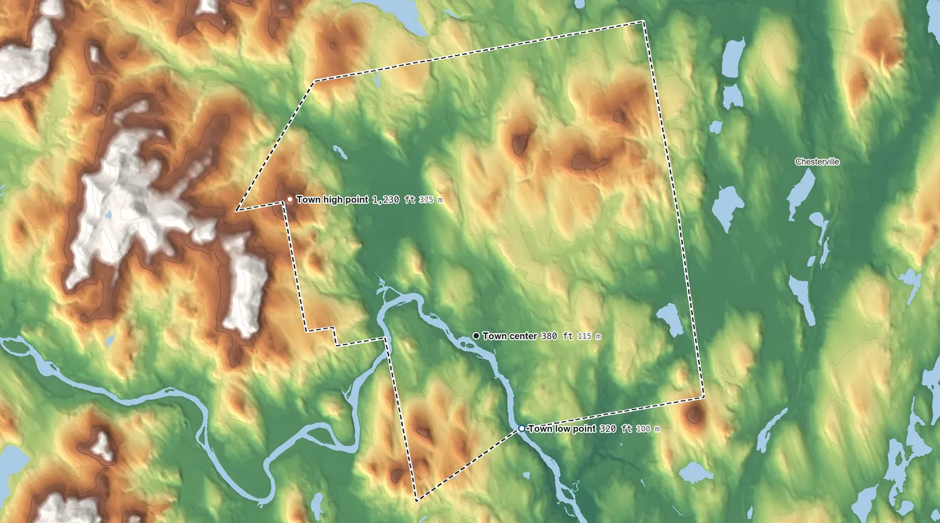 Topographic elevation map of Jay, Maine, shaded from 320 ft on the southeast side to 1,230 ft on Nebo Mountain