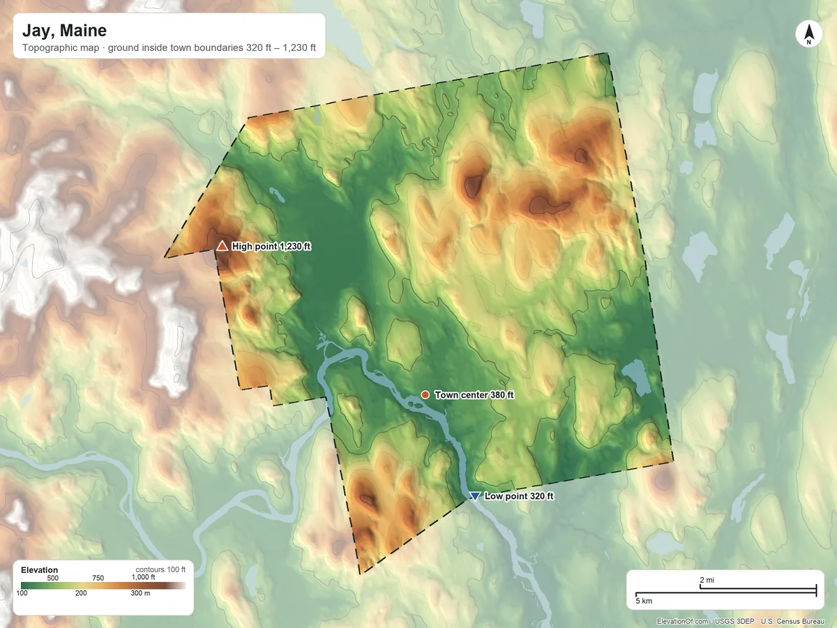 Topographic elevation map of Jay, Maine, shaded from 320 ft on the southeast side to 1,230 ft on Nebo Mountain