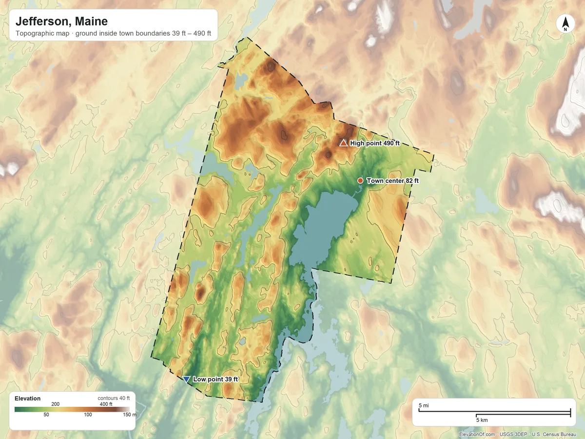 Topographic elevation map of Jefferson, Maine, shaded from 39 ft on the southwest side to 490 ft on Haskell Hill