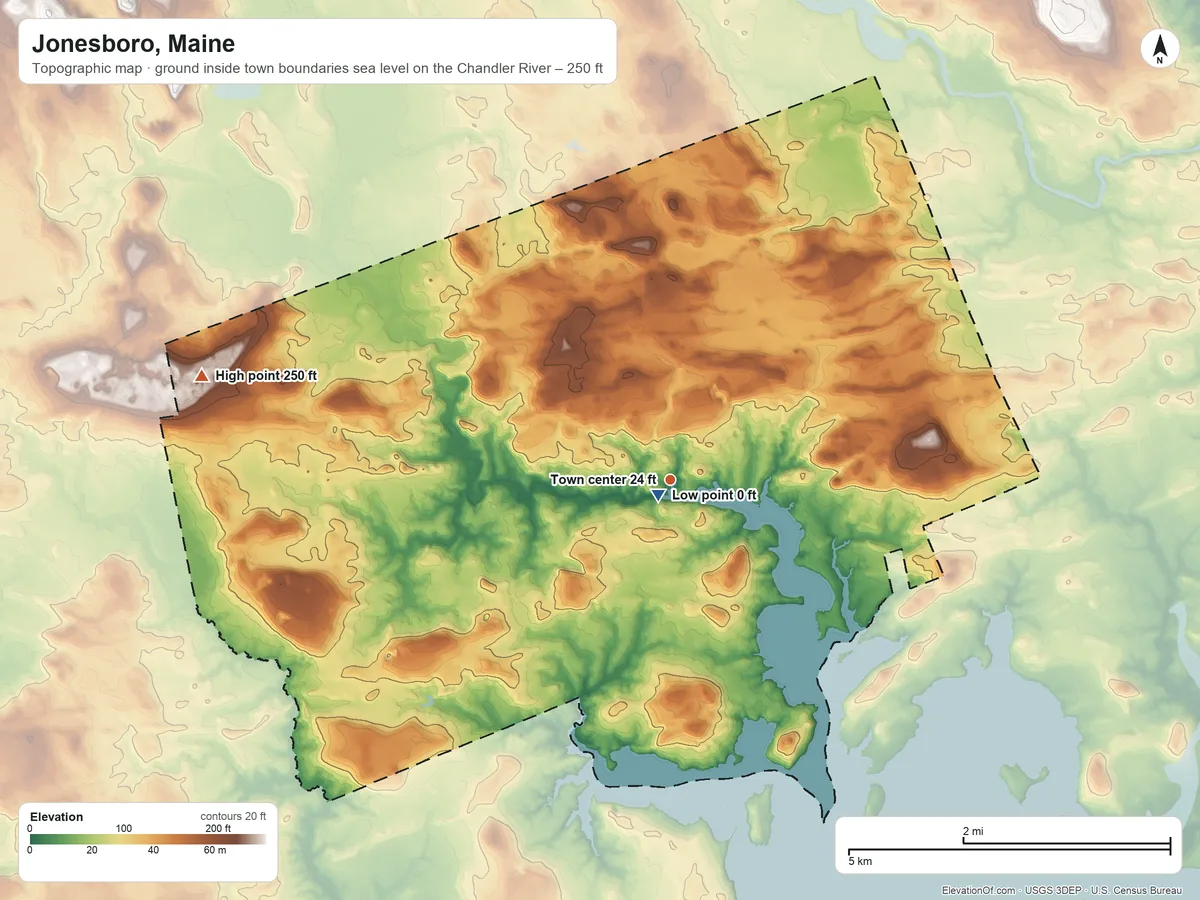 Topographic elevation map of Jonesboro, Maine, shaded from sea level level on the Chandler River to 250 ft on the west side