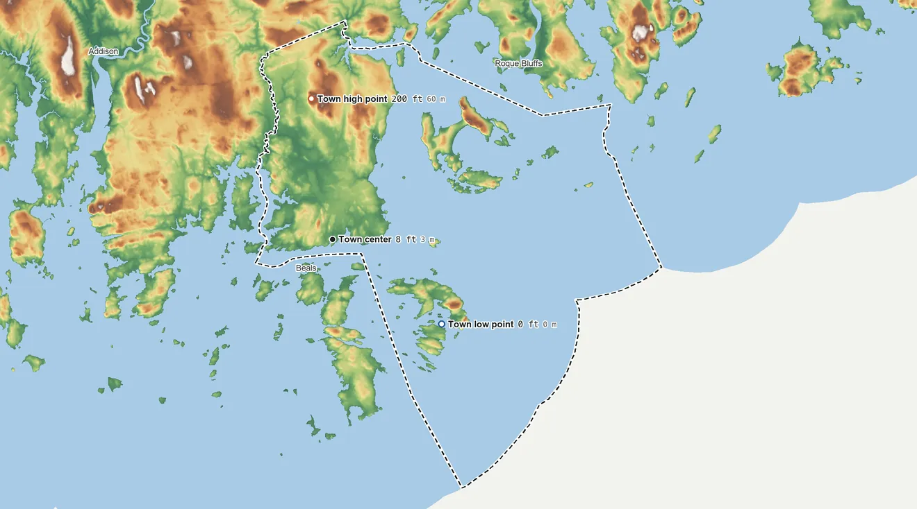 Topographic elevation map of Jonesport, Maine, shaded from sea level level on Eastern Bay to 200 ft on Ikes Hill